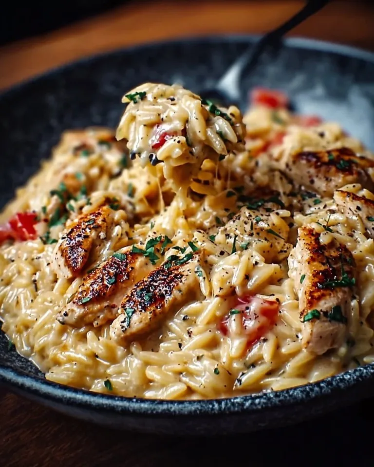 Creamy Cajun Chicken Alfredo Orzo served in a white bowl garnished with parsley.
