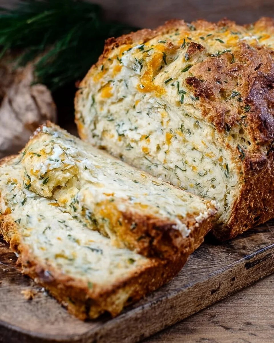 Freshly baked Cheddar and Herb Soda Bread loaf on a rustic wooden table.