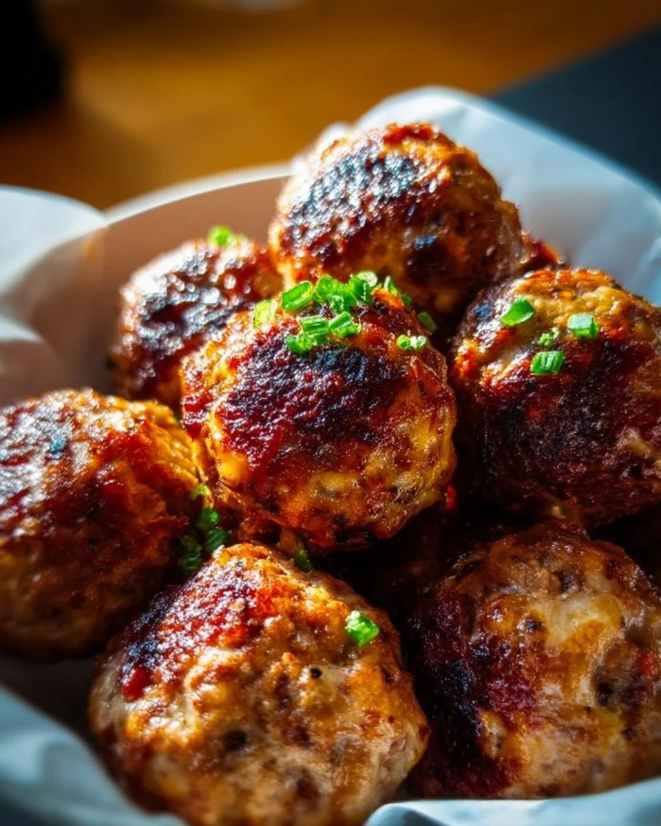 Cheddar beef meatballs served with a savory dipping sauce.