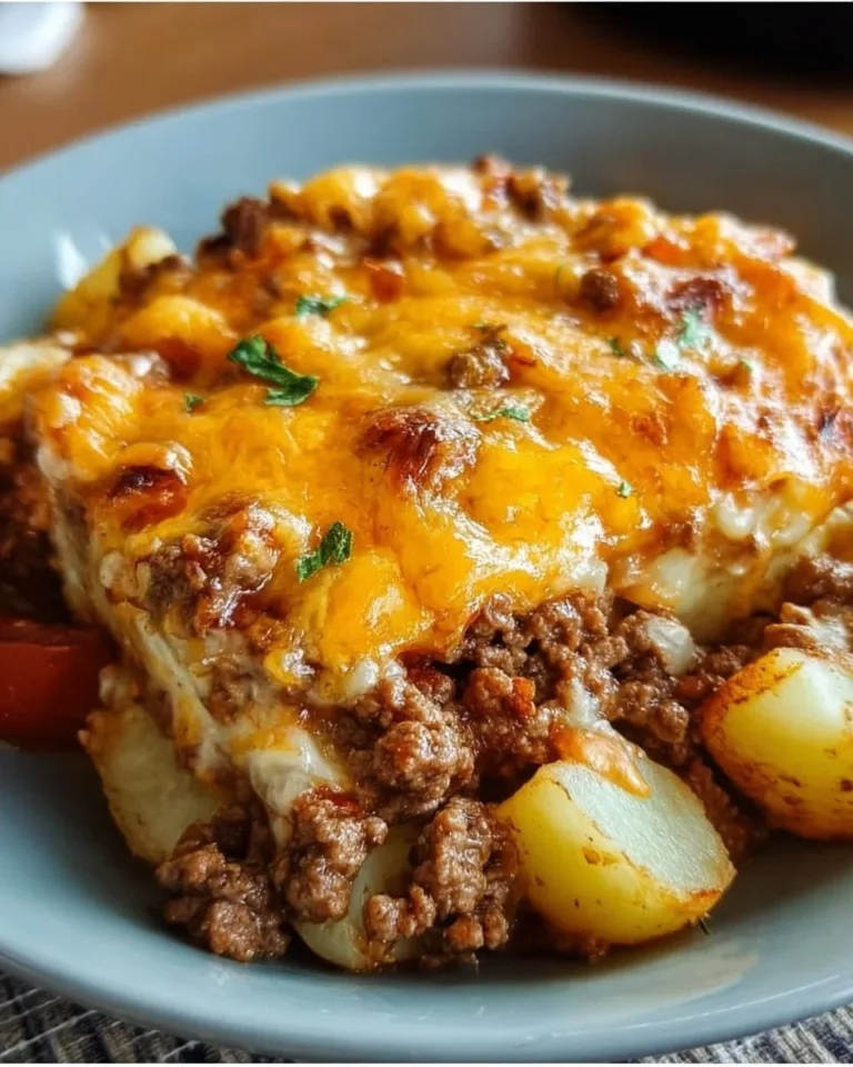 Cheesy ground beef and potato casserole baked to perfection with melted cheese