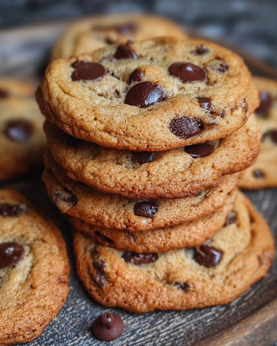 Chewy chocolate chip cookies stacked on a plate