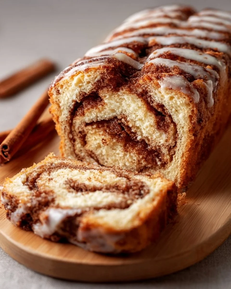 Cinnamon Roll Cottage Cheese Loaf fresh out of the oven with icing