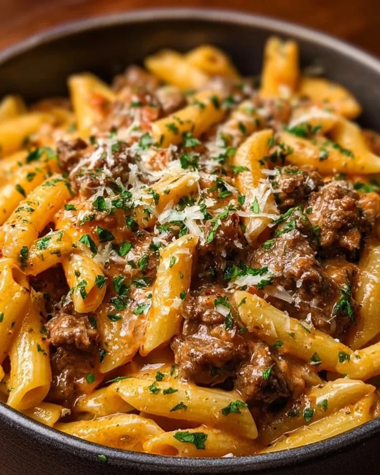 A plate of creamy beef pasta garnished with parsley and served with garlic bread.