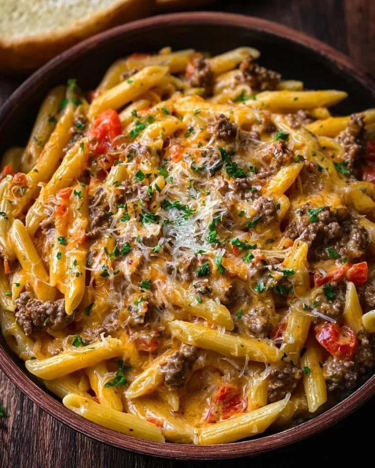 Creamy beef pasta dish served in a bowl with herbs and cheese