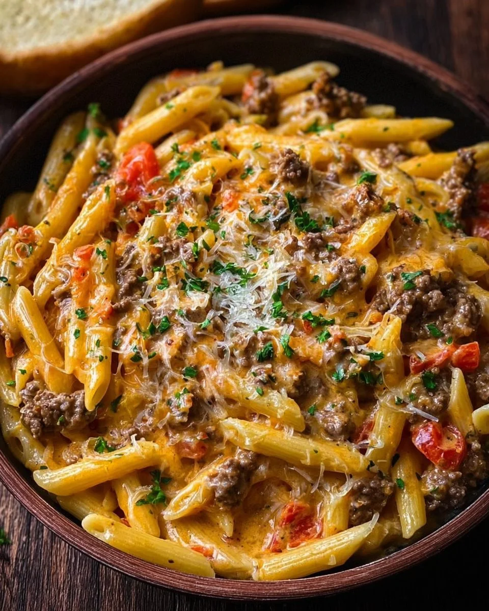 Creamy beef pasta dish served in a bowl with herbs and cheese
