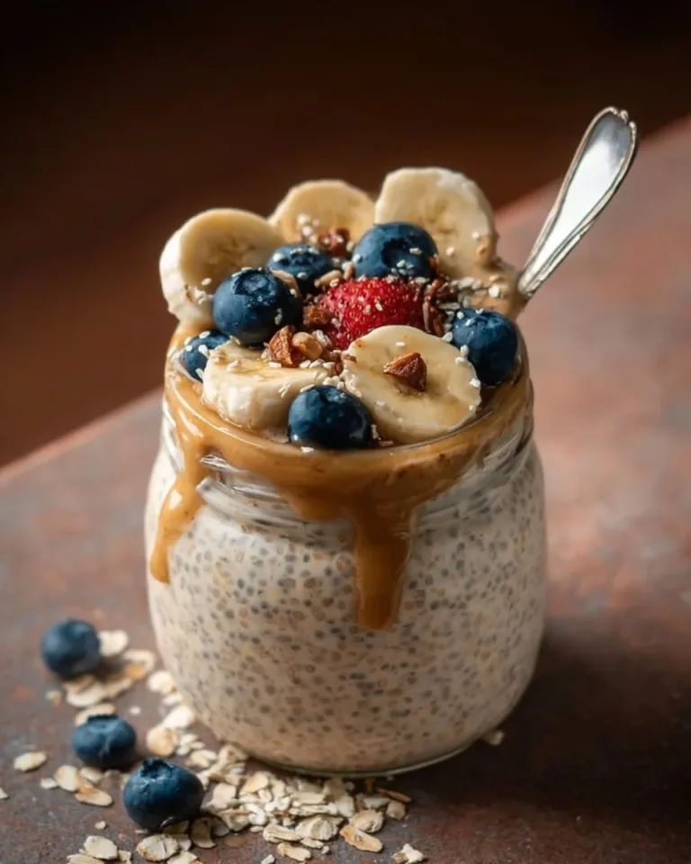 Bowl of creamy blended overnight oats topped with fruits and nuts