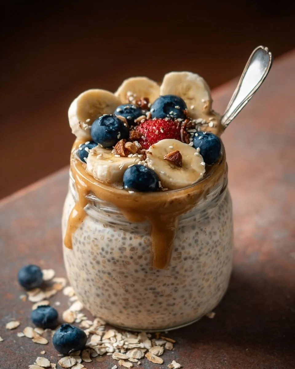 Bowl of creamy blended overnight oats topped with fruits and nuts