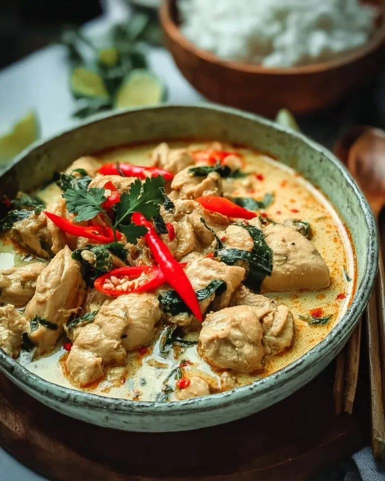 Creamy coconut milk chicken served with fresh herbs and spices.