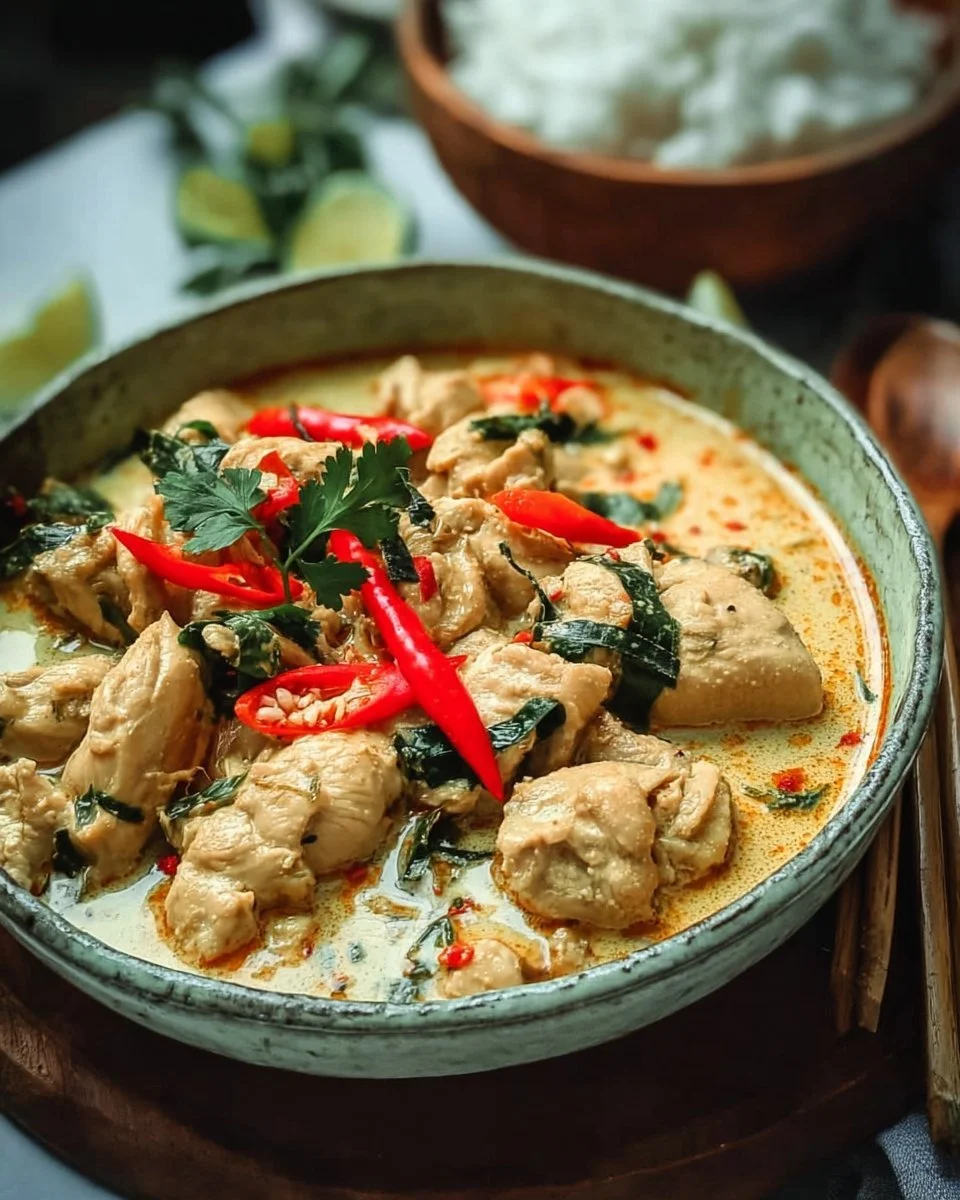 Creamy coconut milk chicken served with fresh herbs and spices.