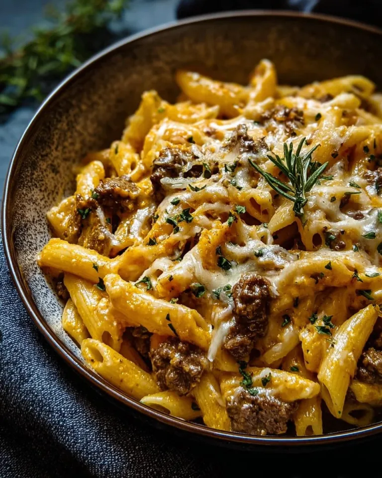 Creamy high protein beef pasta with rich sauce and herbs in a bowl