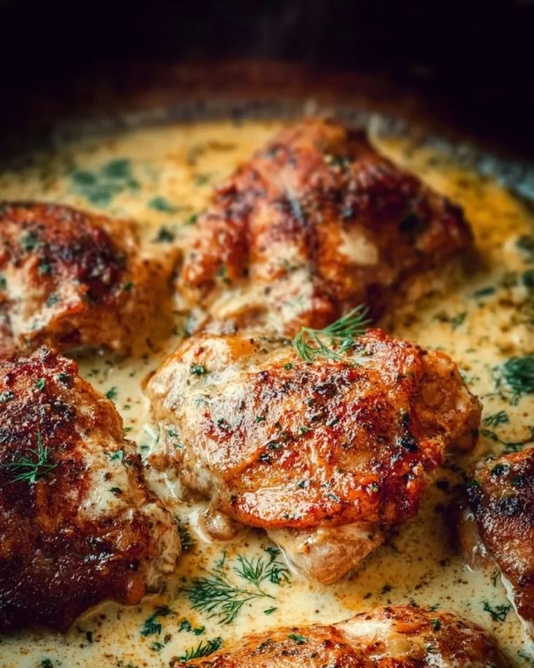 Creamy oven baked chicken thighs served on a plate with herbs and spices.