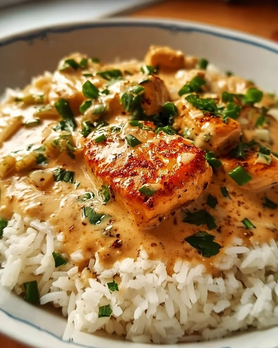 Delicious creamy smothered chicken served over rice, garnished with herbs.