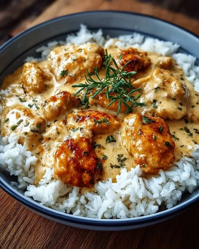 Creamy smothered chicken served over rice with vegetables