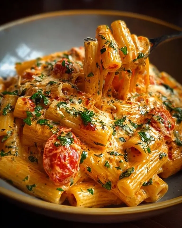 Creamy tomato garlic pasta dish garnished with fresh herbs