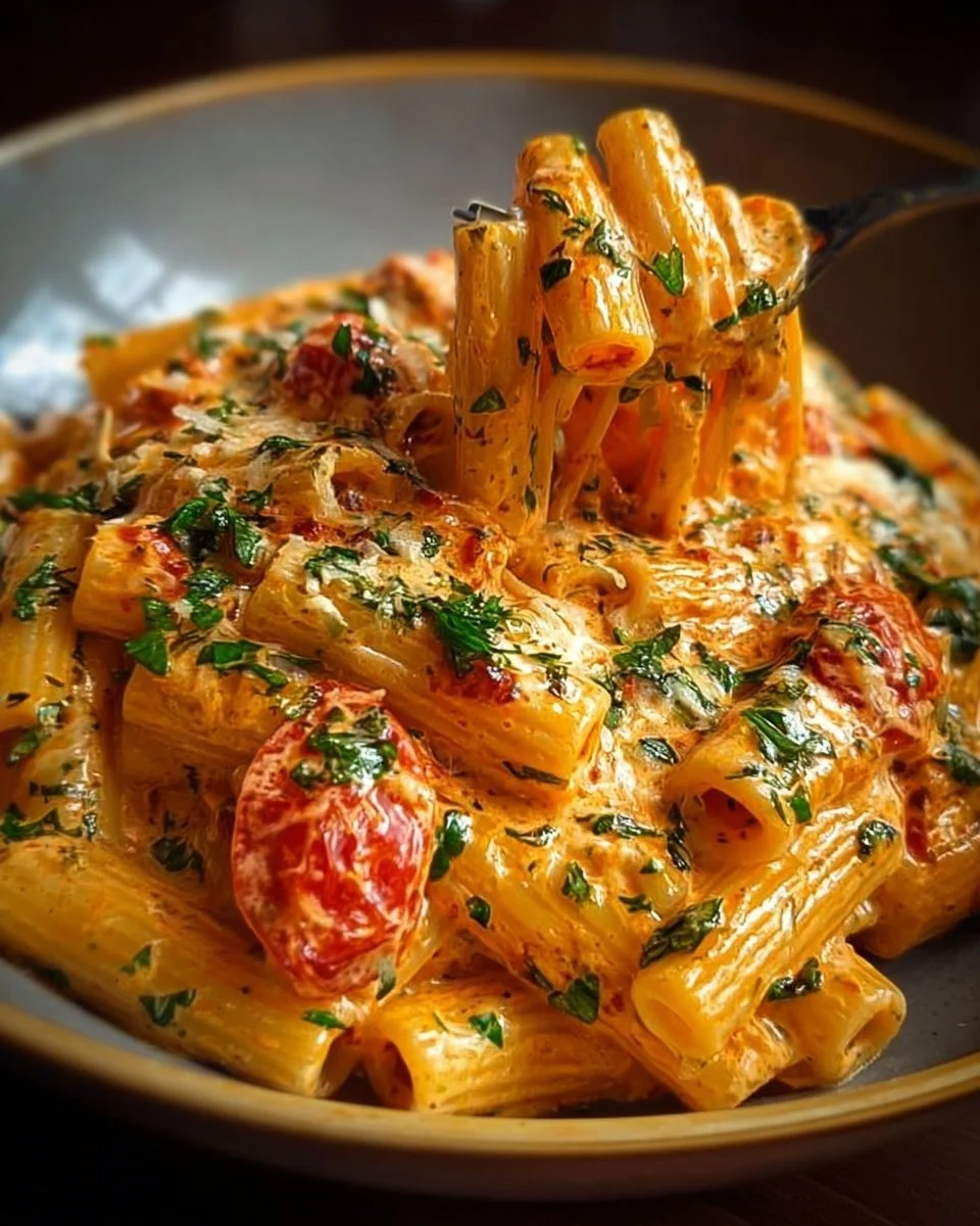 Creamy tomato garlic pasta dish garnished with fresh herbs