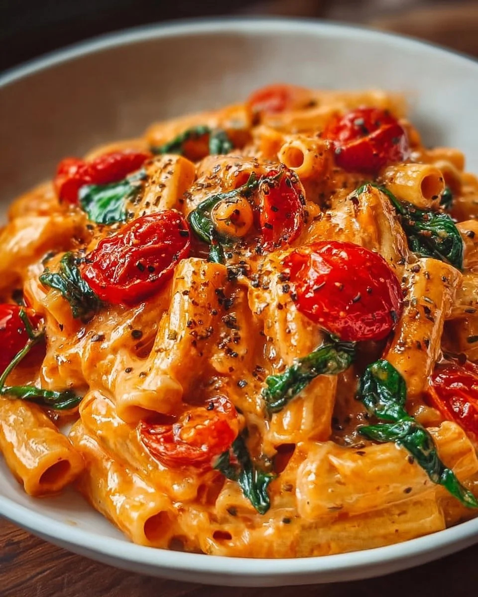 Creamy tomato garlic pasta served in a bowl with fresh herbs