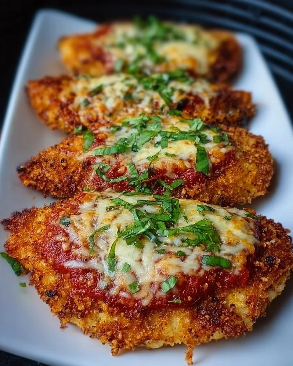 Crispy air fryer chicken parmesan served with marinara sauce and cheese