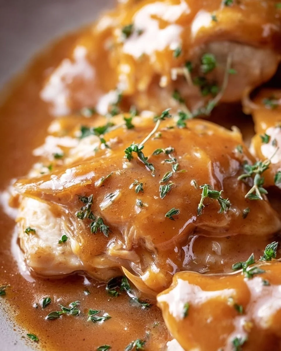 Crockpot chicken thighs simmering in rich gravy for a comforting meal.