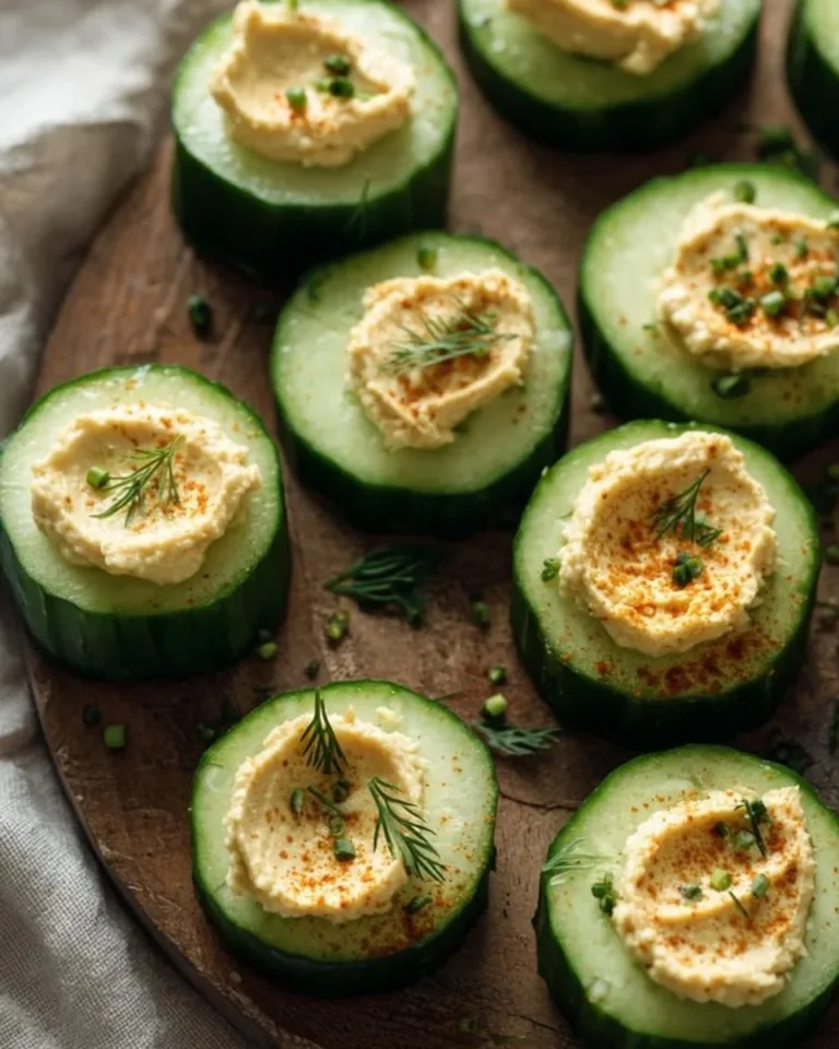 Healthy cucumber hummus bites served on a platter as a tasty snack