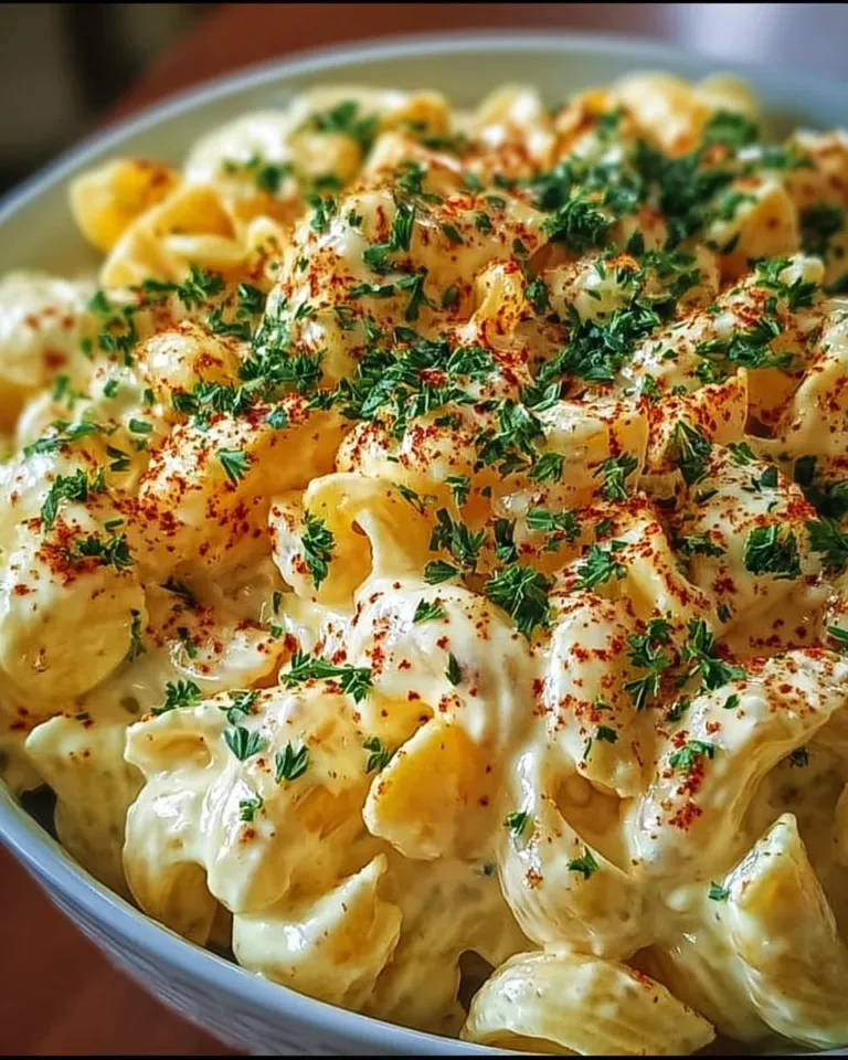 Deviled egg macaroni salad served in a bowl with herbs