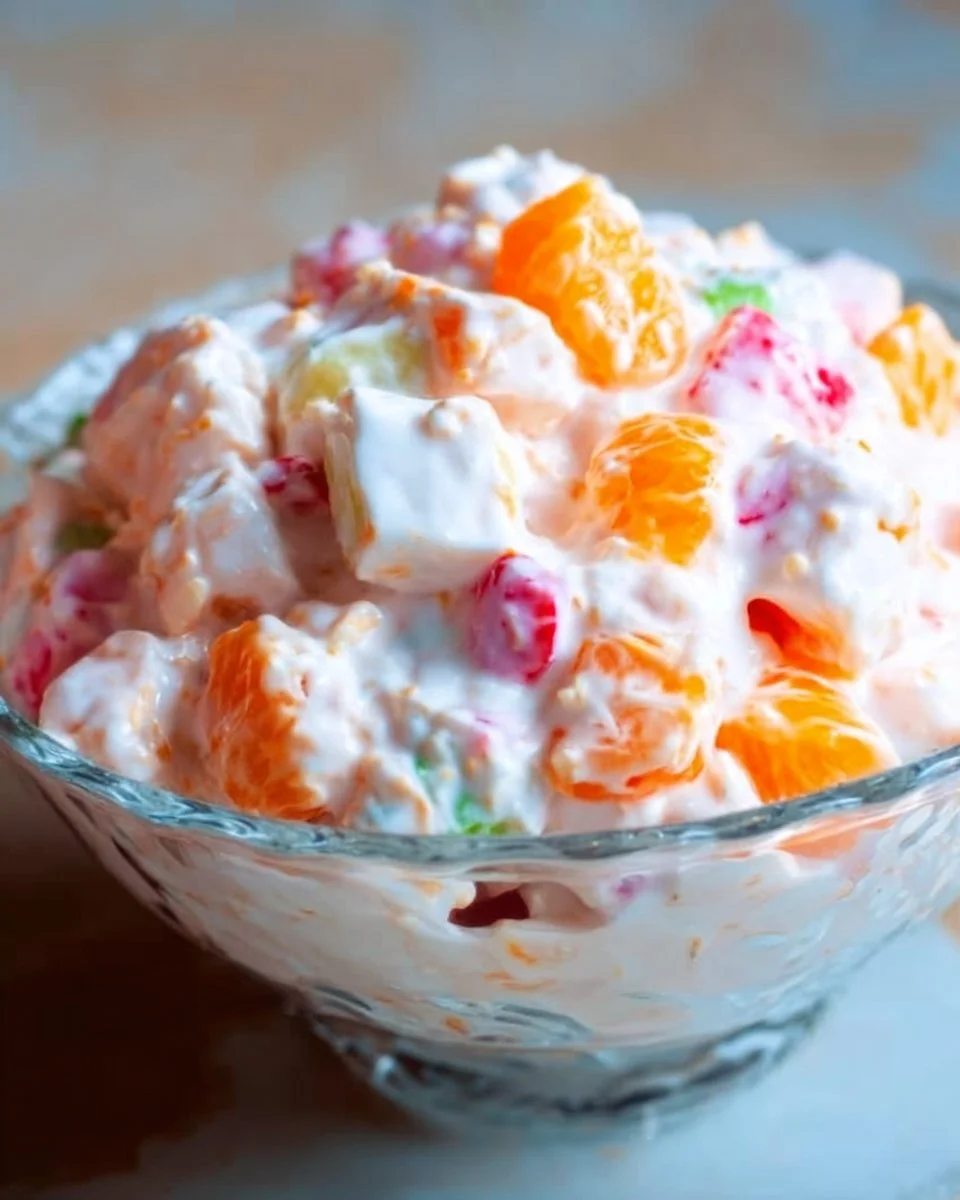 Easter Ambrosia Salad with fruits and creamy dressing in a festive bowl.