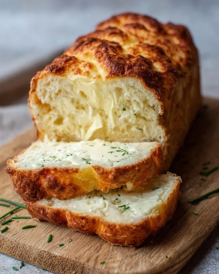 Loaf of easy 2-ingredient cottage cheese bread on a wooden cutting board