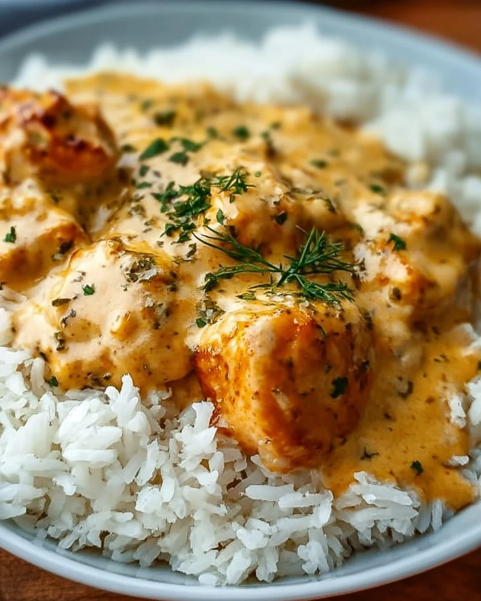 Delicious creamy smothered chicken served over rice for a comforting meal.
