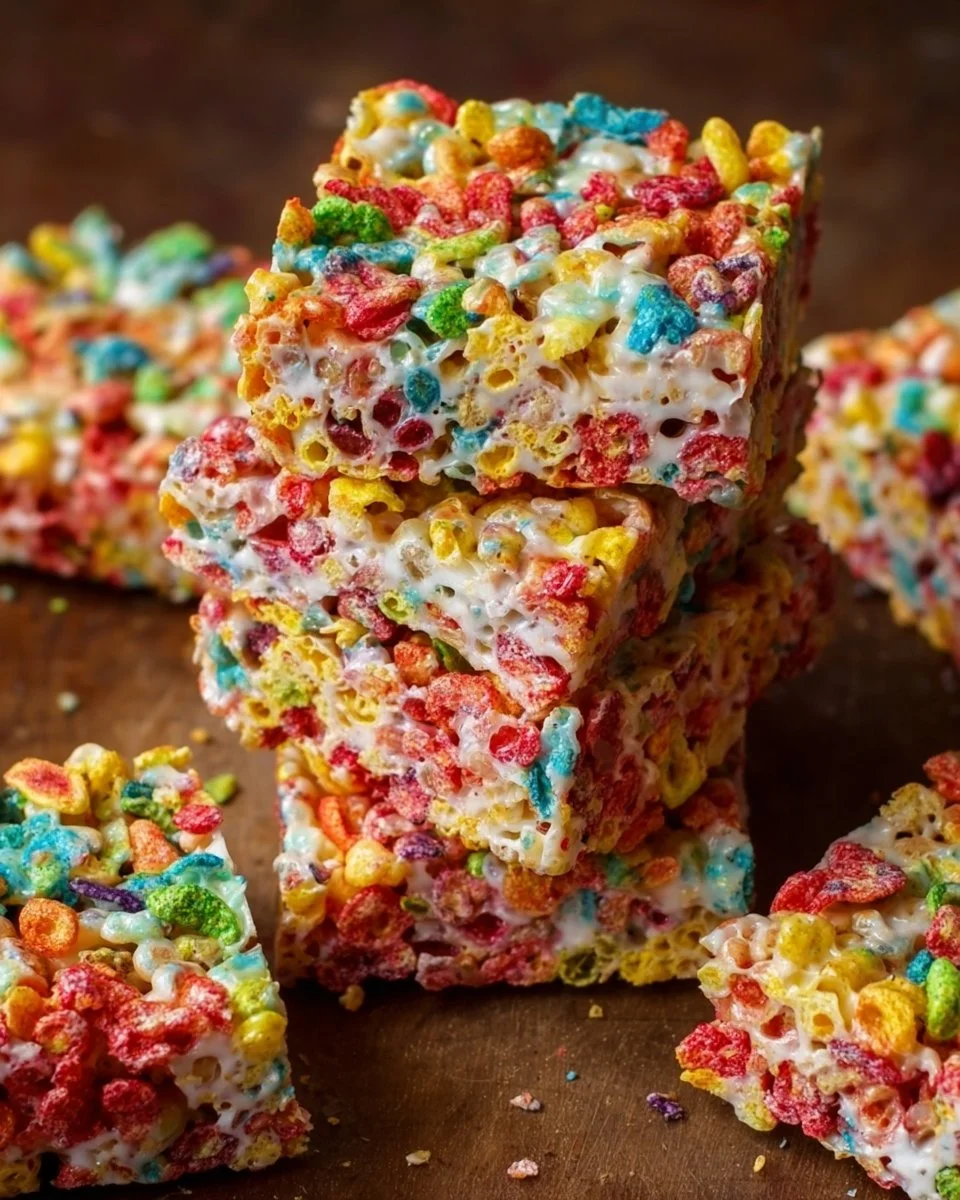 Colorful Fruity Pebbles Rice Krispie Treats arranged on a plate