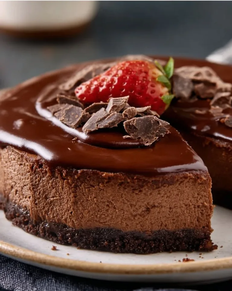 Delicious gluten-free chocolate cheesecake topped with chocolate ganache