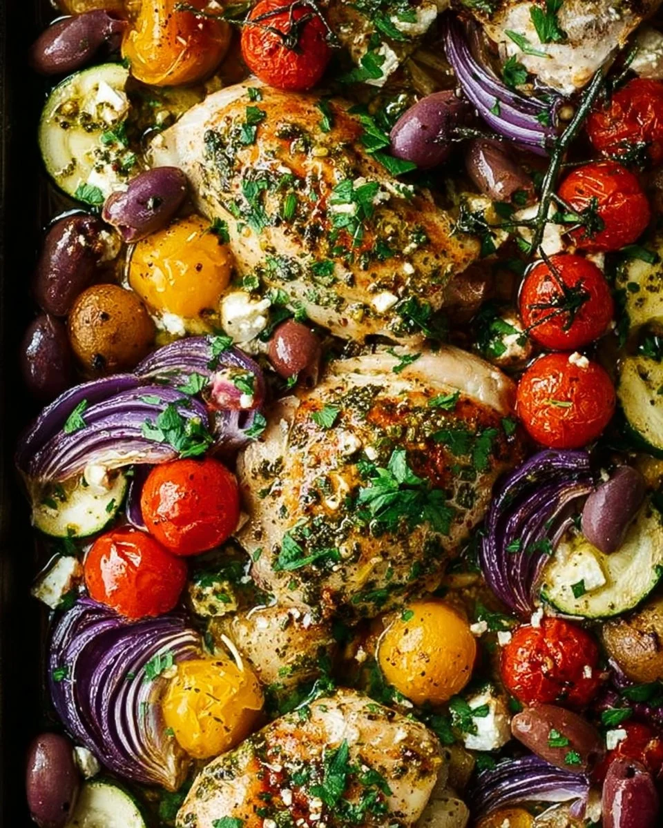 Delicious Greek Sheet Pan Chicken with vegetables on a baking sheet.