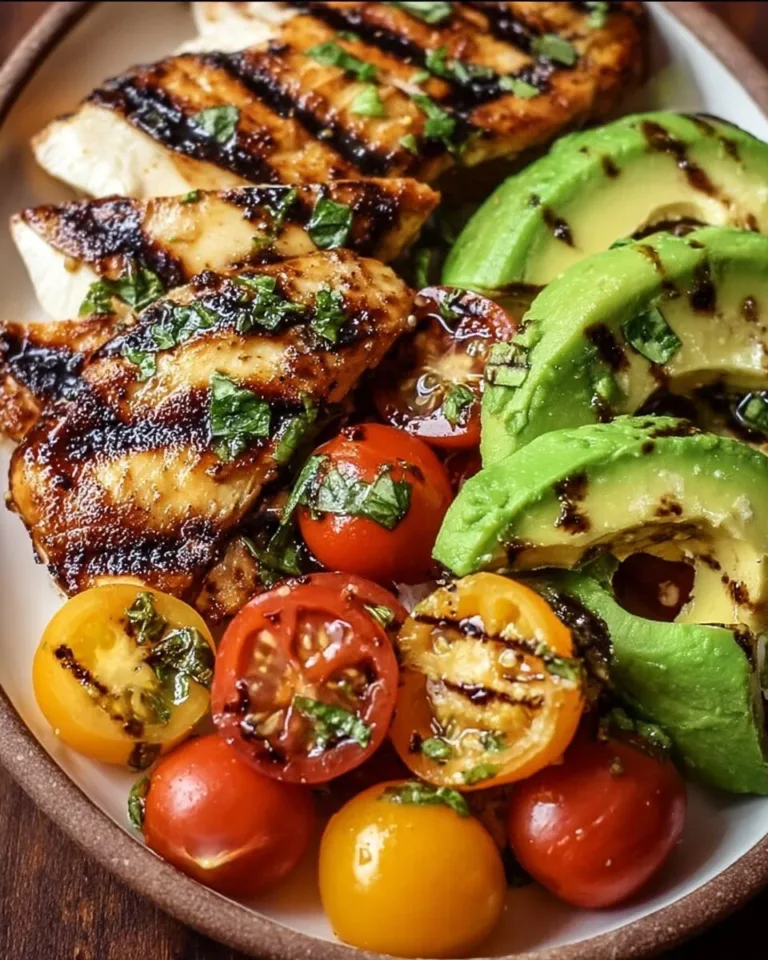 Delicious grilled California avocado chicken served with fresh vegetables