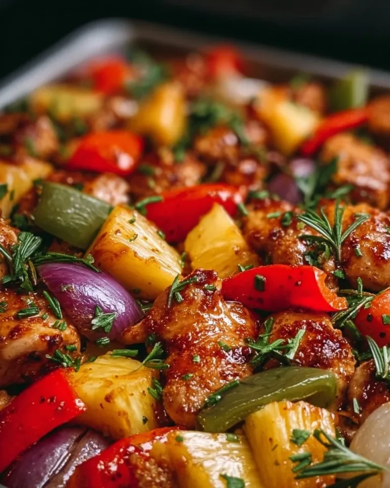 Hawaiian-style sheet pan chicken with colorful vegetables and tropical flavors