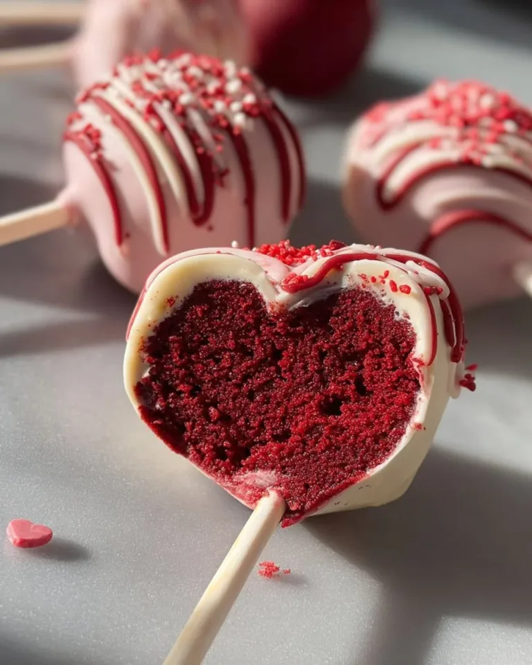 Heart-shaped red velvet cake pops decorated for a festive occasion
