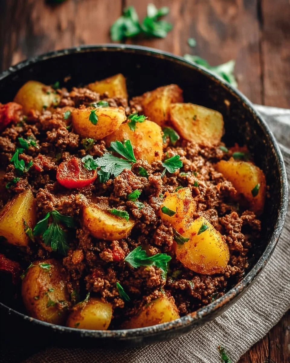 Delicious dish of hearty ground beef and potatoes served in a bowl