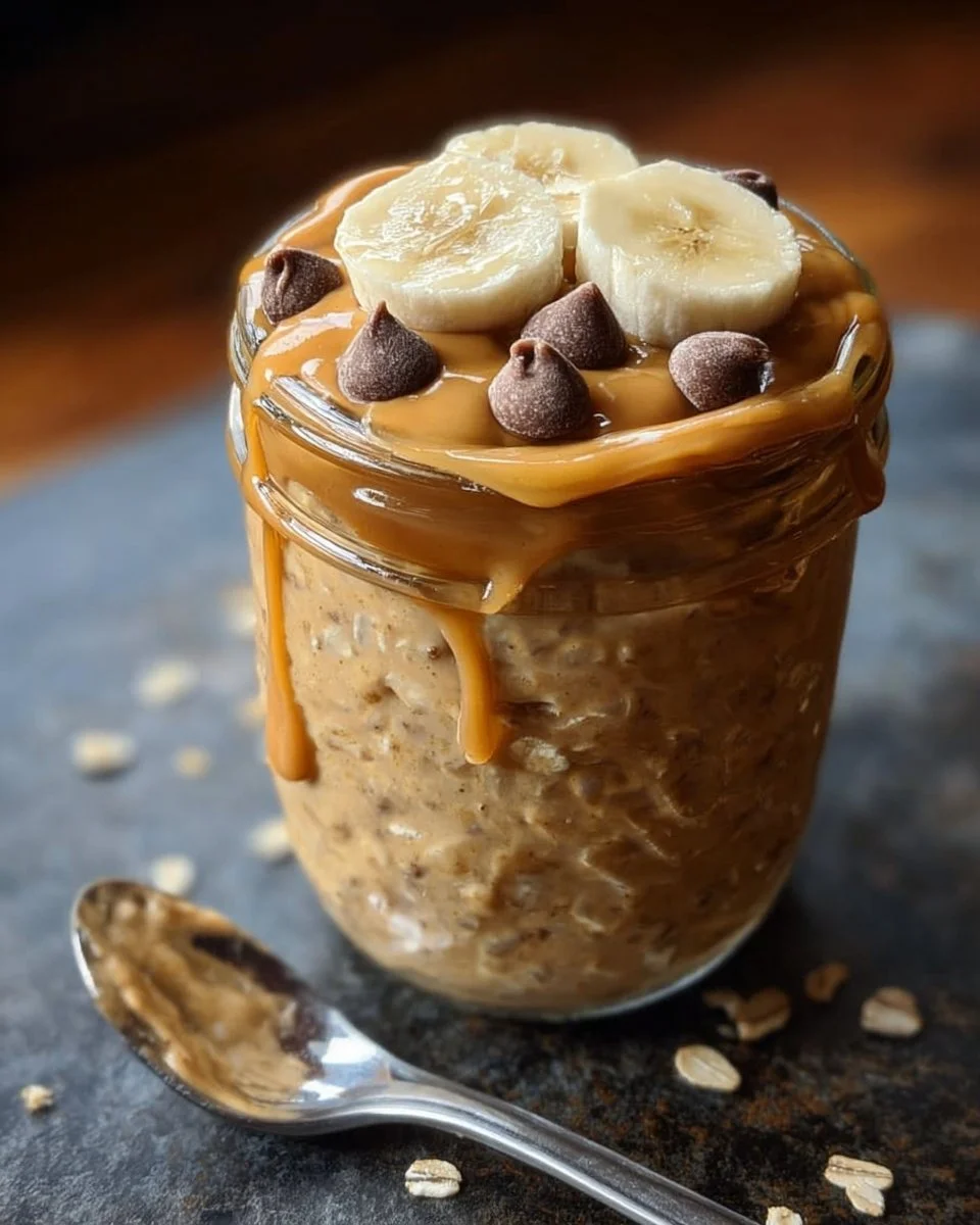 High-protein peanut butter overnight oats in a mason jar with toppings