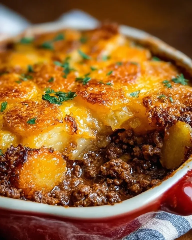 Delicious hobo casserole with ground beef served in a casserole dish