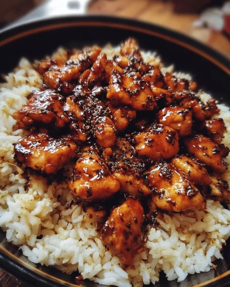 Plate of Honey BBQ Chicken served with fluffy rice and garnished with herbs.