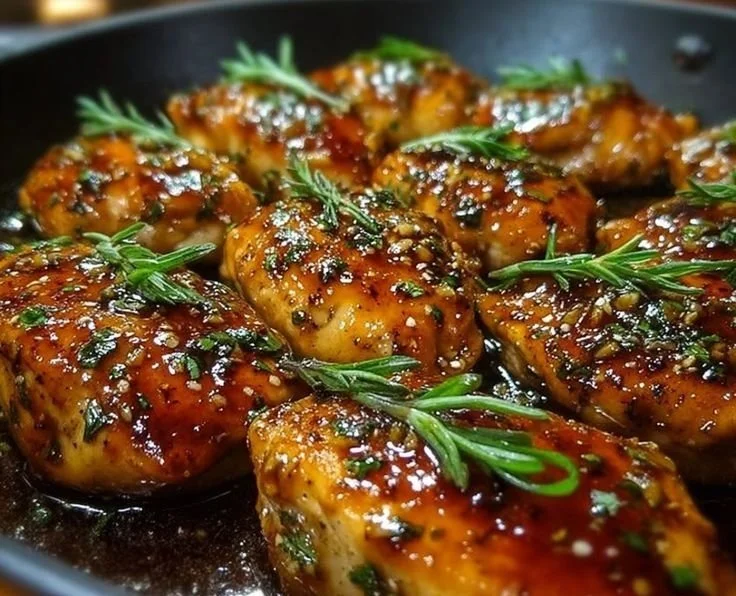 Delicious Honey Garlic Chicken Breasts garnished with herbs on a plate.