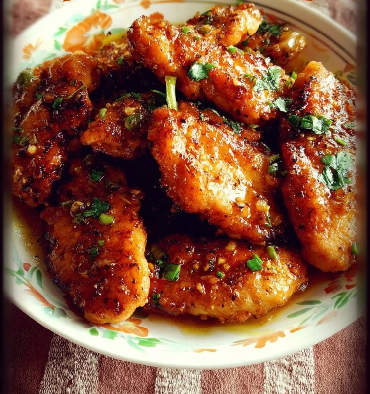 Honey Garlic Chicken Tenders drizzled with a sweet and savory glaze.