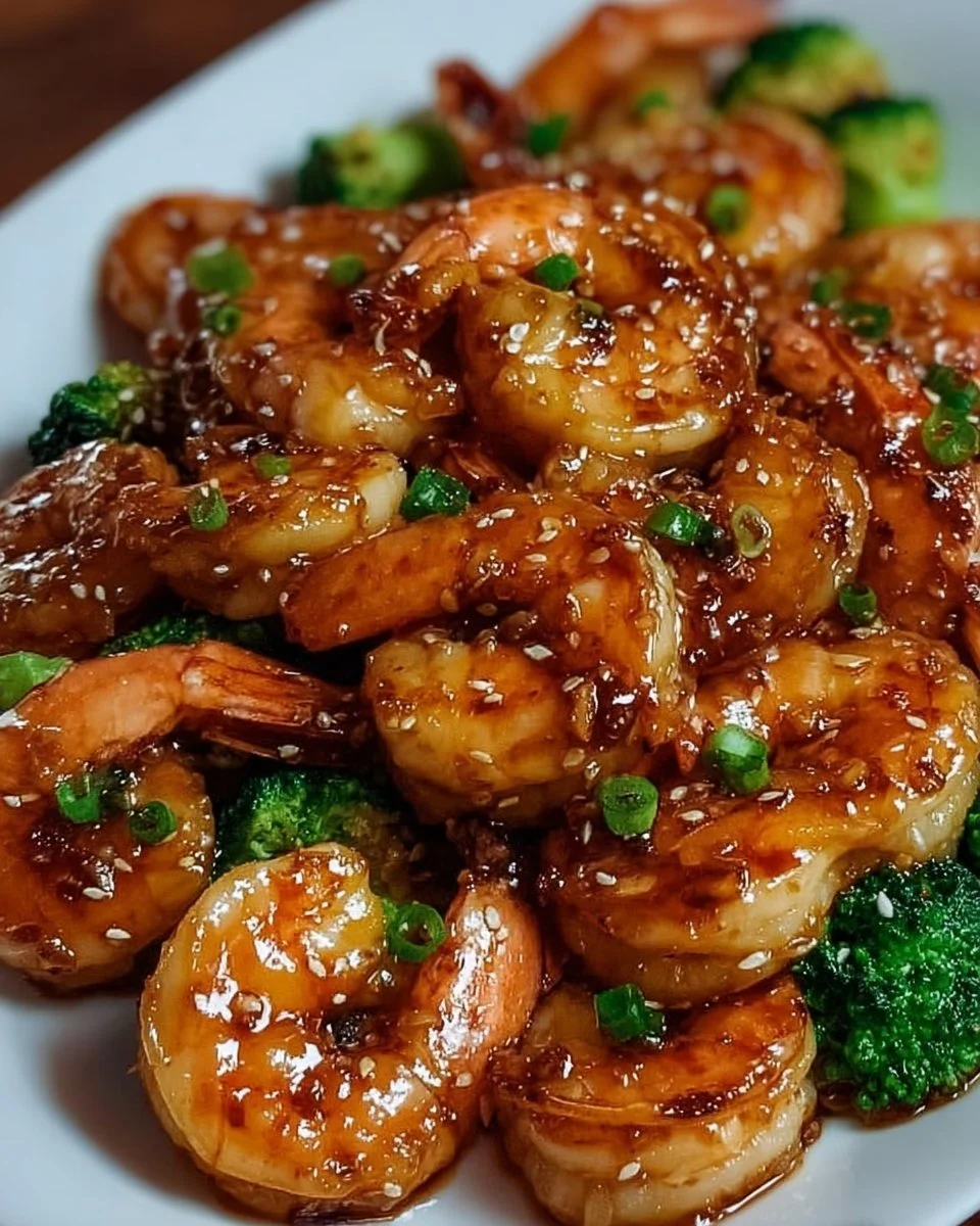 Delicious honey garlic shrimp served on a plate with fresh vegetables
