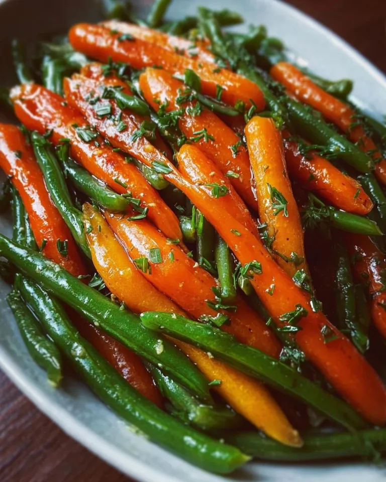 Honey glazed carrots and green beans dish served in a bowl
