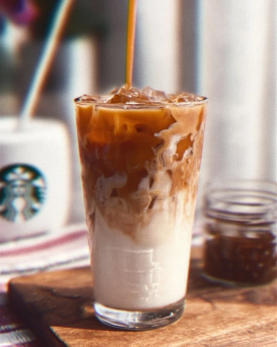 Iced Caramel Macchiato with caramel drizzle and espresso in a glass