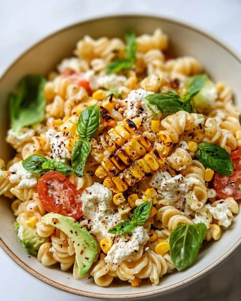 Delicious street corn pasta salad with colorful vegetables and herbs.