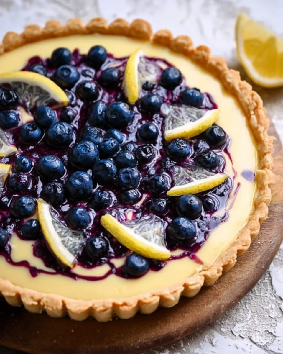 Delicious lemon blueberry tart topped with fresh blueberries and lemon zest.