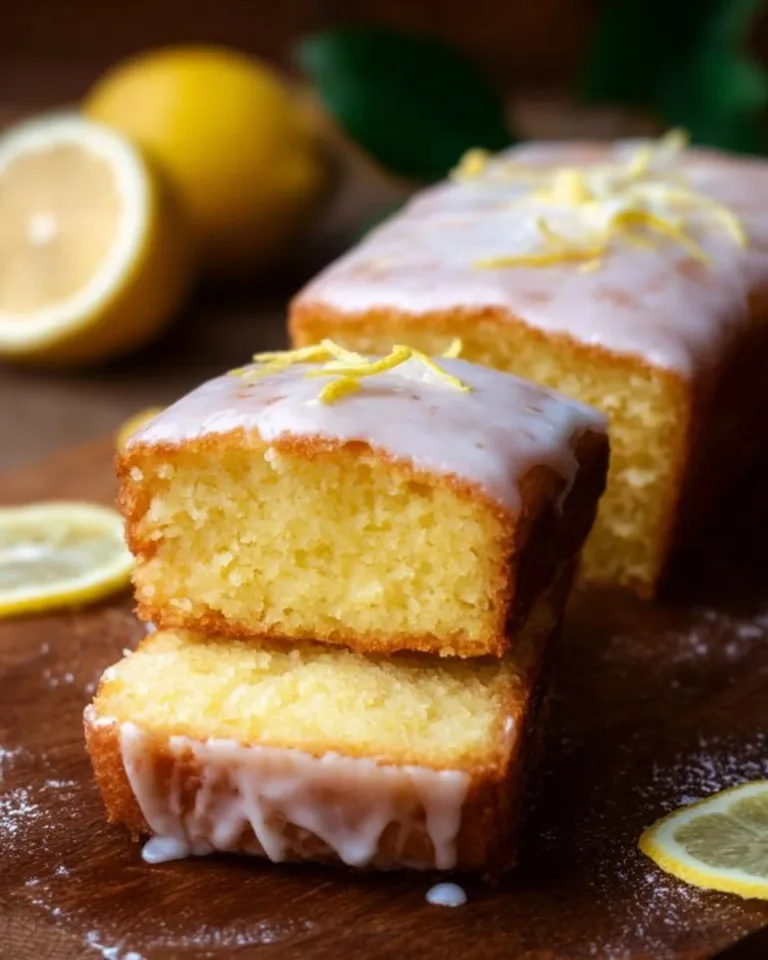 Homemade lemon cake with a vibrant lemon glaze and fresh lemons on top.