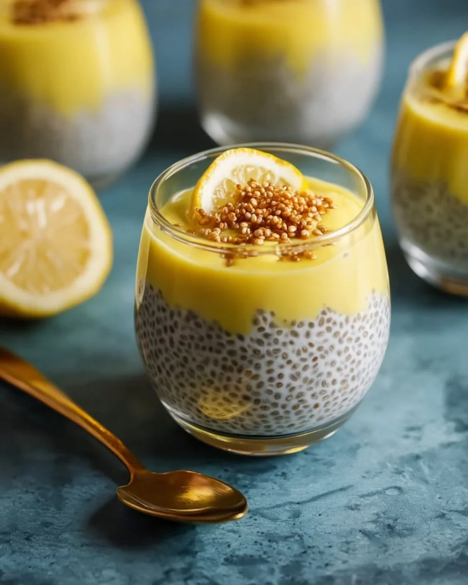 Delicious lemon chia seed pudding served in a glass with fresh lemon and toppings