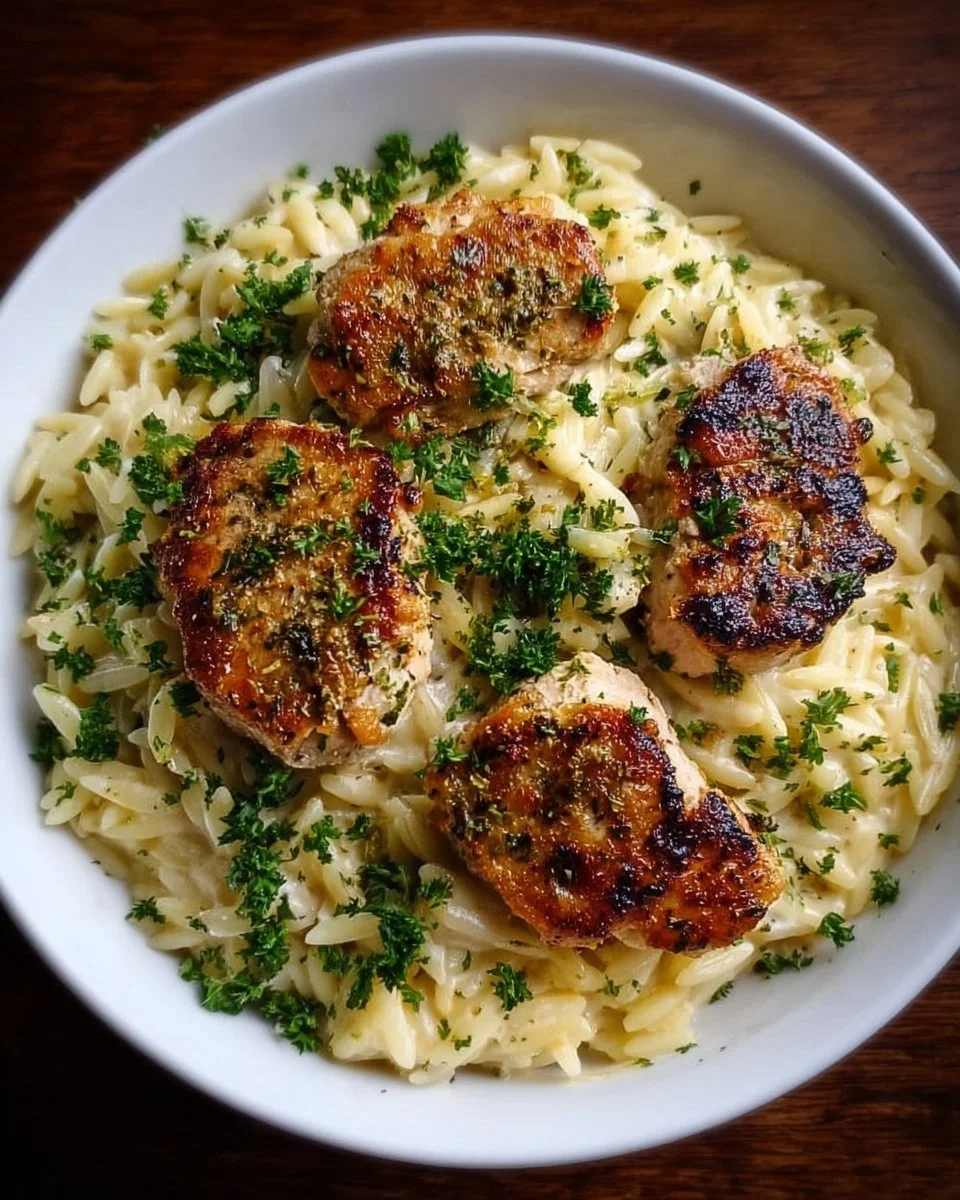 Plate of Lemon Pepper Chicken Orzo garnished with herbs and lemon slices