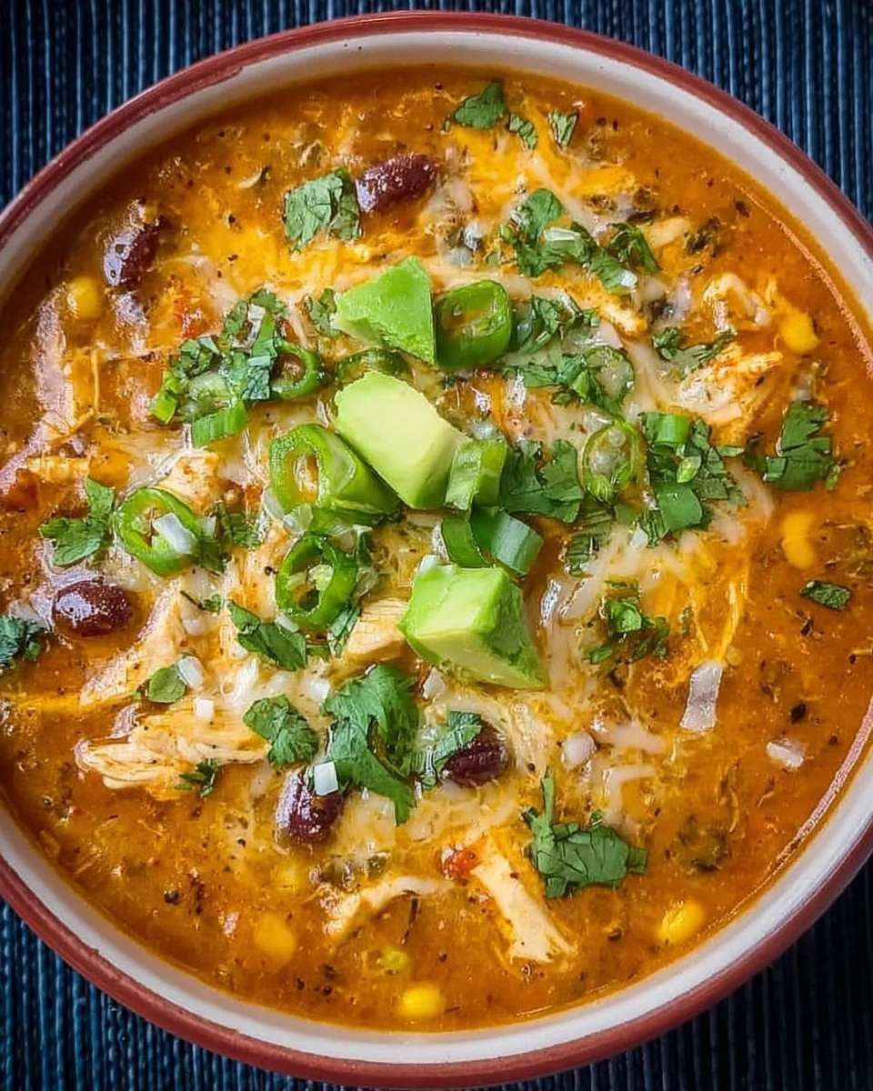 Bowl of Lighter Chicken Enchilada Soup garnished with cilantro and tortilla strips