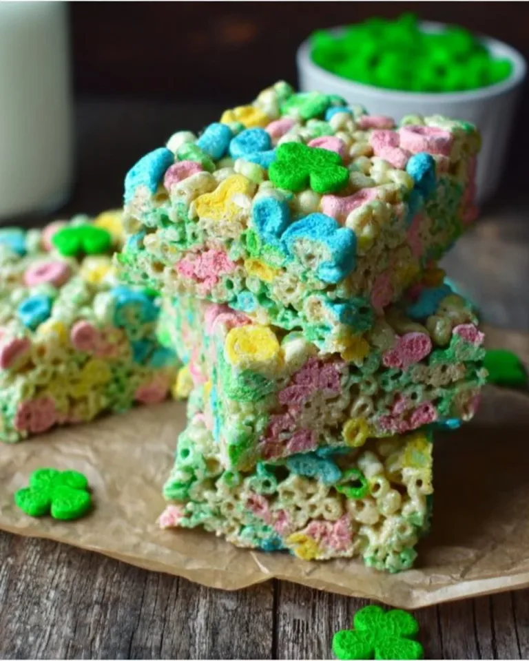 Lucky Charms Rice Krispie Treats with marshmallows and colorful cereal.
