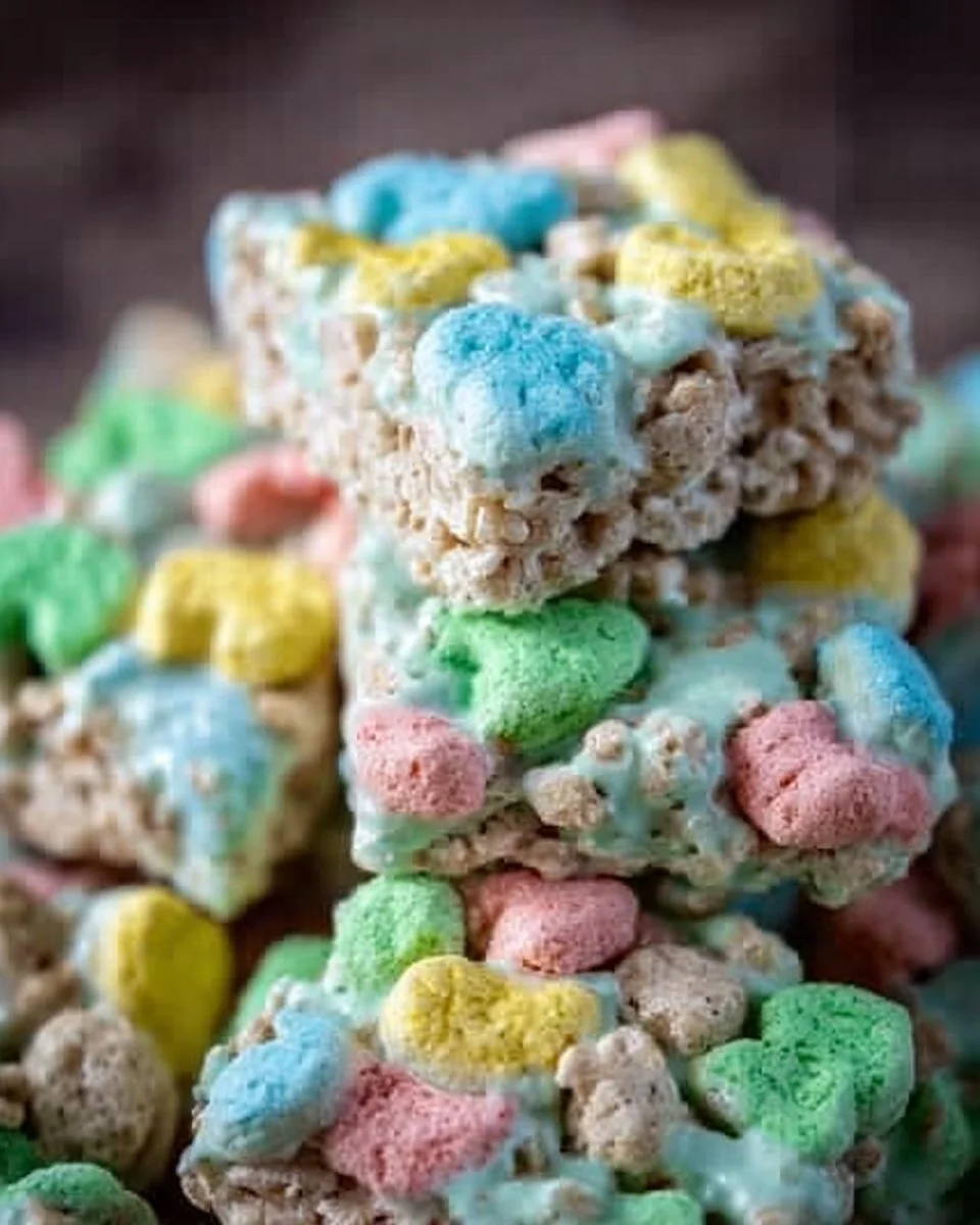 Colorful Lucky Charms Treats made with marshmallows and cereal.